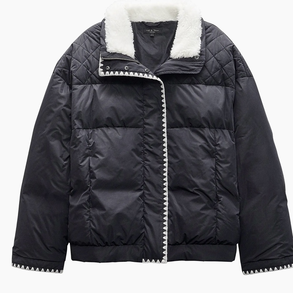 rag & bone Black Quilted Puffer Jacket with White Faux Fur Collar - Picture 1 of 16